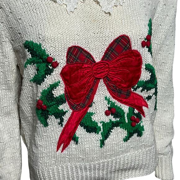Bechamel White Hand-Knit Sweater with Lace Collar & Holiday Bow Design, Size M - Picture 3 of 11